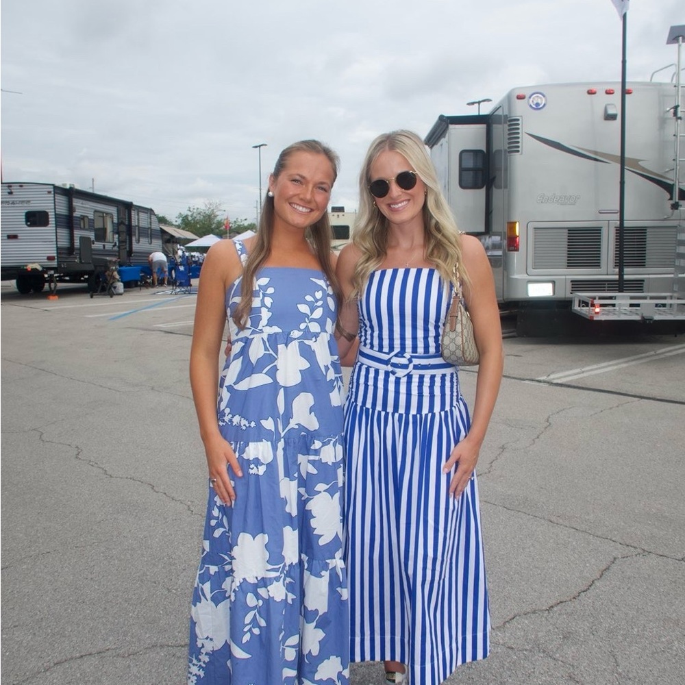 Blue & White Striped Strapless Midi Dress